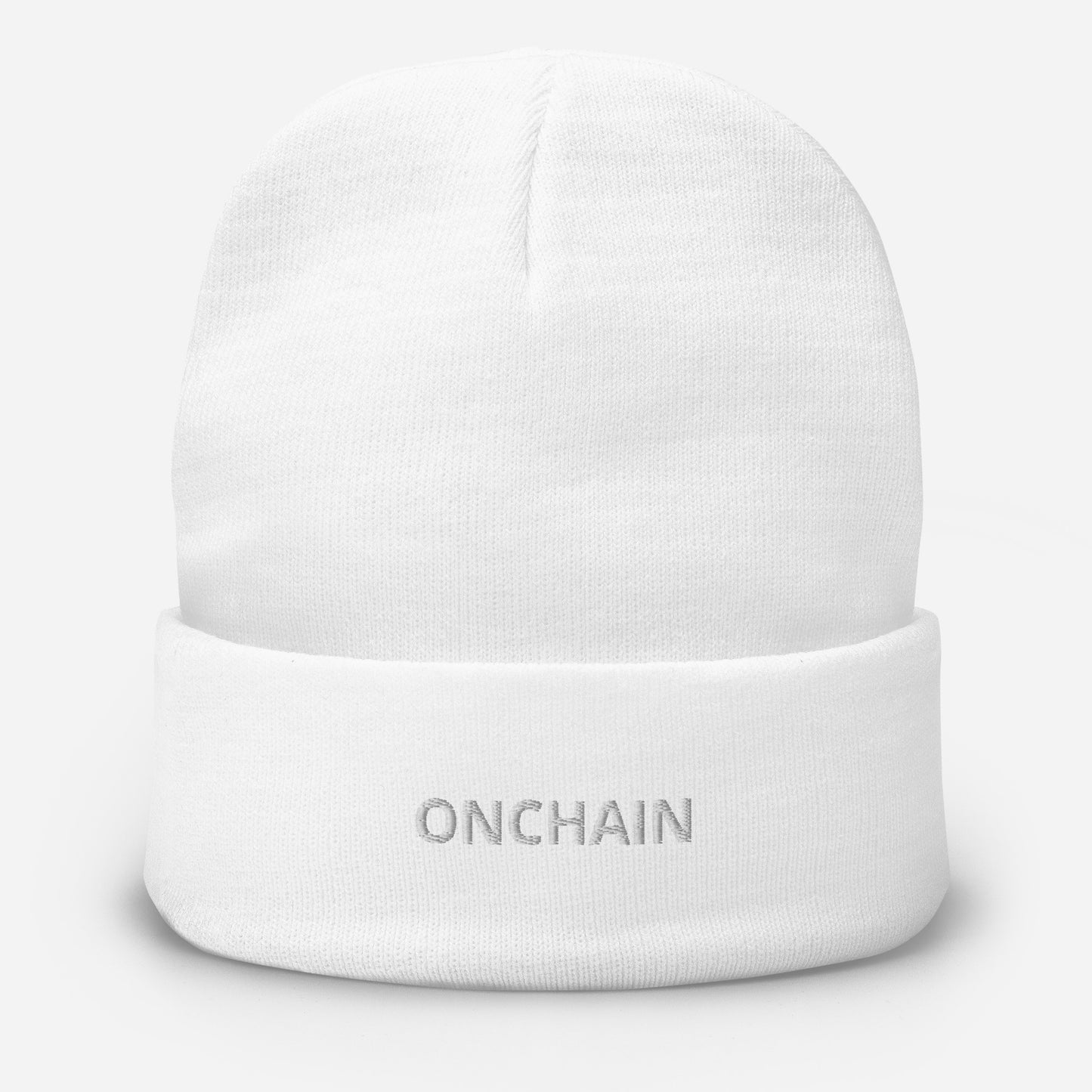 onchain hat - white on beanie